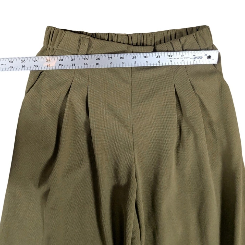 Olive Green Wide Leg Pleated Trousers Elastic Waist Minimalist Pants Medium - Picture 4 of 5
